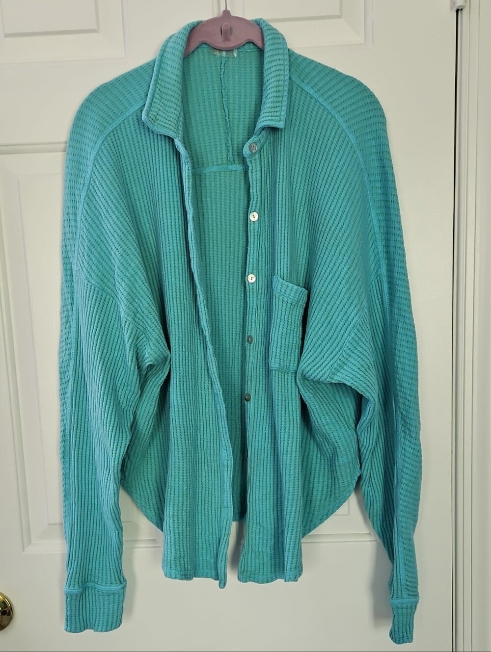 FP Movement by Free People Teal Waffle-Knit Button Hoodie